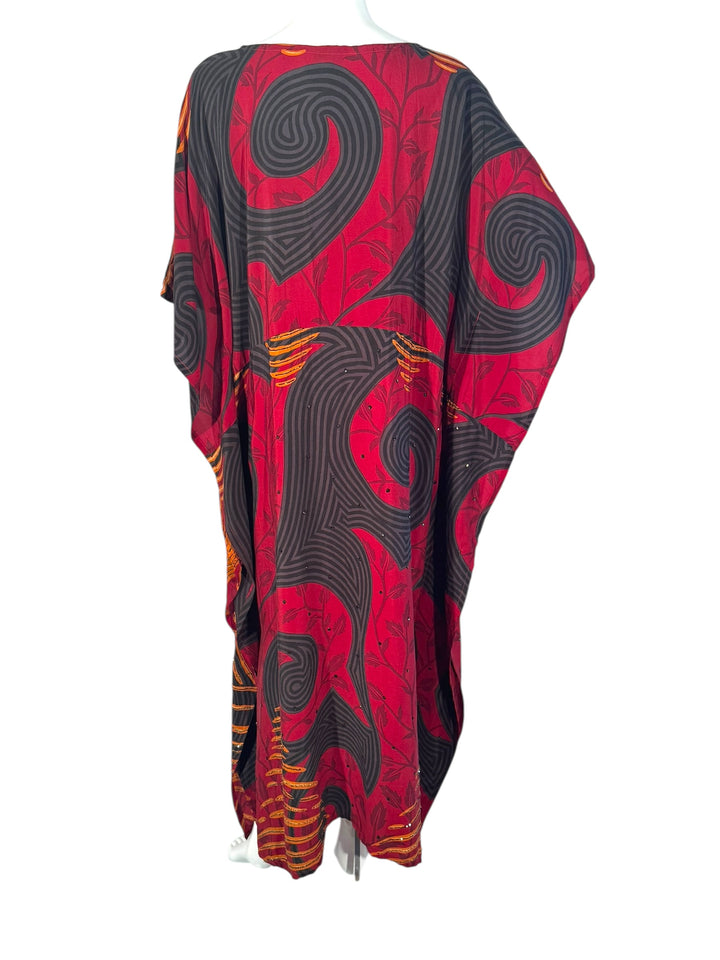 Ivy Kaftan by Silk Ranch in red vintage silk with black swirls, embroidery and golden sequins , rear view