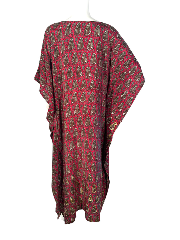 Ivy Kaftan by Silk Ranch in red paisley vintage silk with embroidery and golden sequins, back view