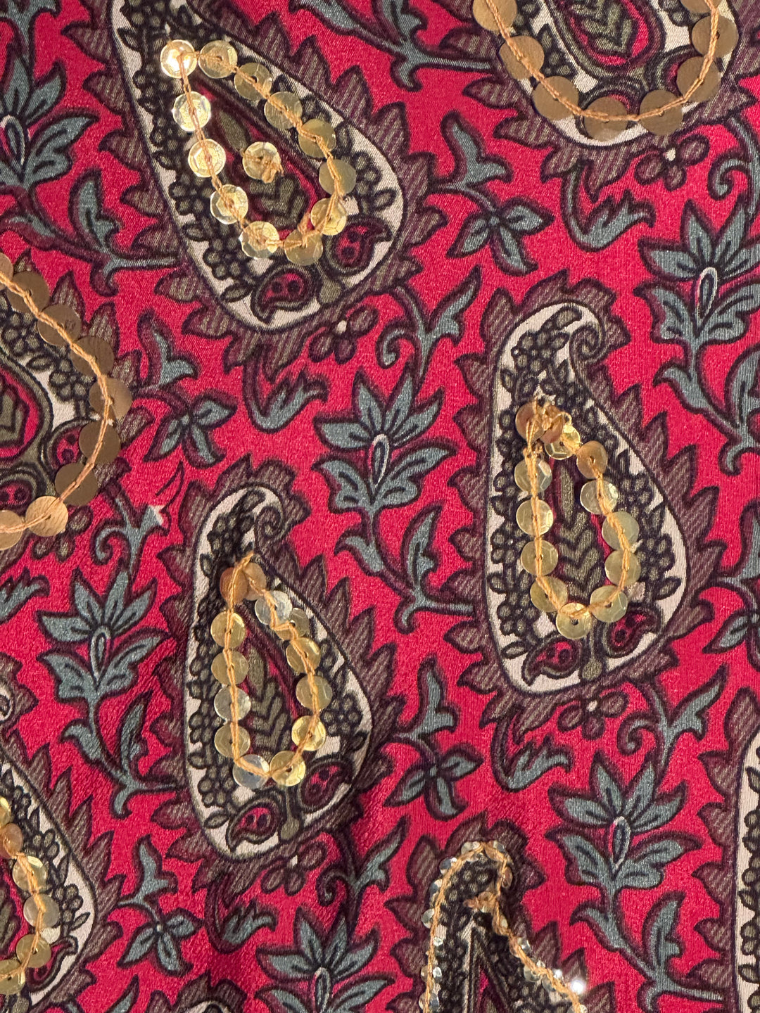 Vintage silk detail in red paisley with gold sequin embroidery and grey for Ivy kaftan by Silk Ranch