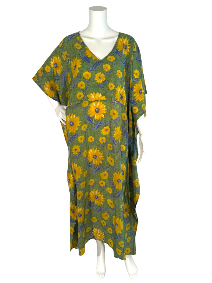 Ivy Kaftan by Silk Ranch in green vintage silk with yellow and bllue un flowers  and golden sequins, front view