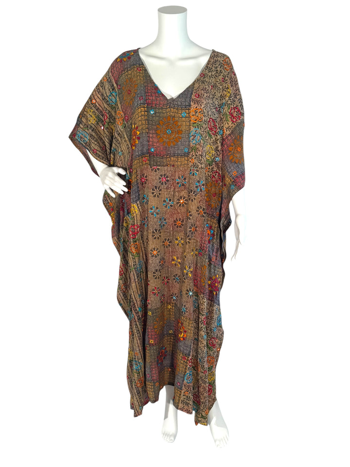 Ivy Kaftan by Silk Ranch in tan patterned vintage silk with yellow, red and bllue flowers  and mirrored sequins, front view