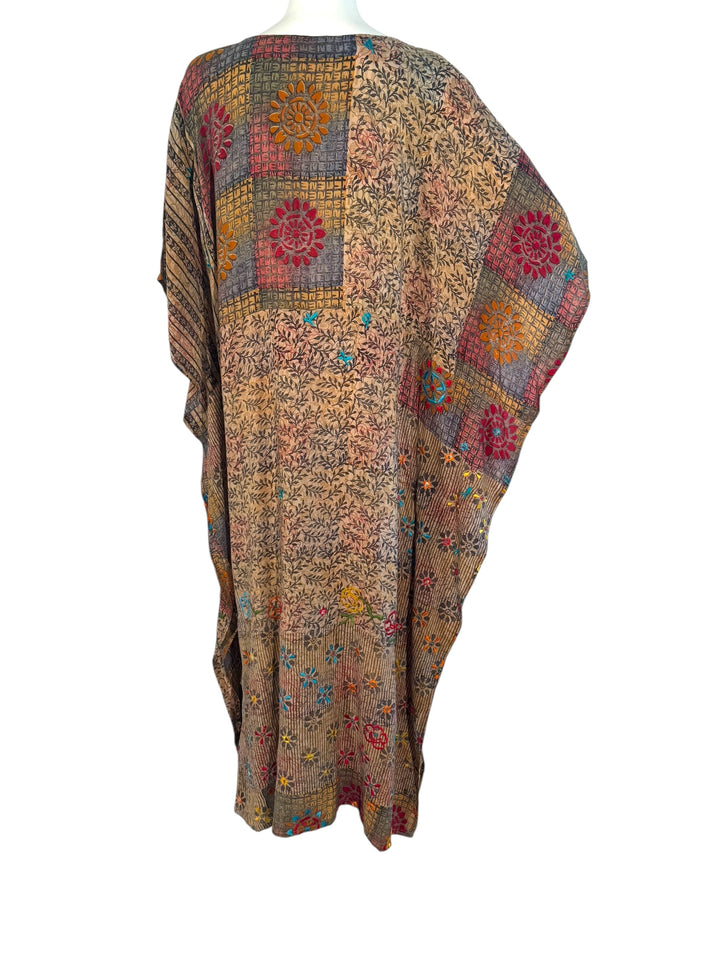 Ivy Kaftan by Silk Ranch in tan patterned vintage silk with yellow, red and bllue flowers  and mirrored sequins, back view