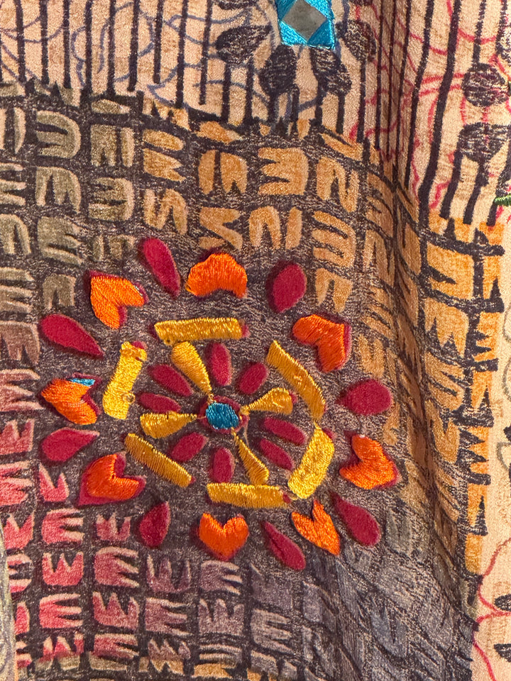 Ivy Kaftan by Silk Ranch in tan patterned vintage silk with yellow, red and bllue flowers  and mirrored sequins, fabric detail 2
