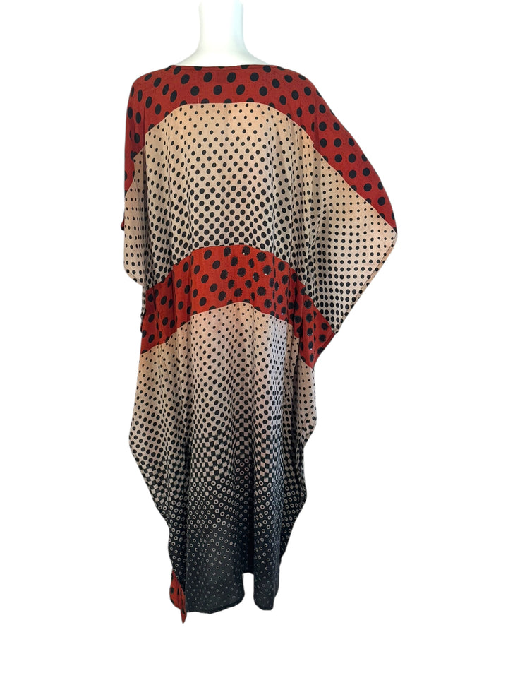 Ivy Kaftan by Silk Ranch in red and beige with black polka dots  vintage silk with black sequins, back view