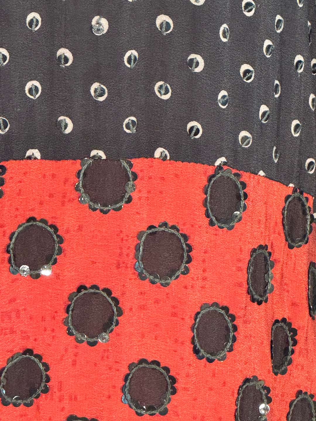 Ivy Kaftan by Silk Ranch in red with black polka dots  vintage silk with black sequins, detail 1
