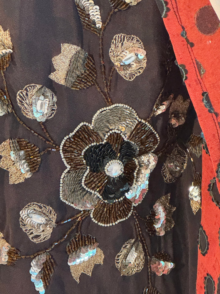 Ivy Kaftan by Silk Ranch in red with black polka dots  vintage silk with black sequins, detail 2