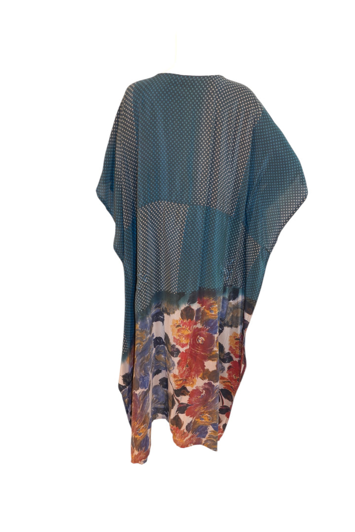 Black vintage silk kaftan with floral pattern on a white background