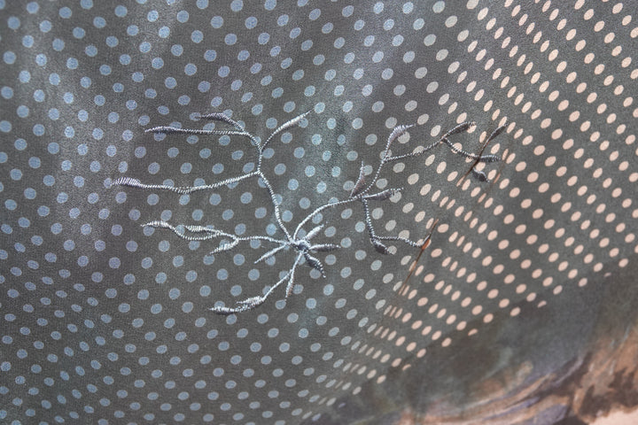Embroidered design on vintage silk kaftan with a polka dot pattern
