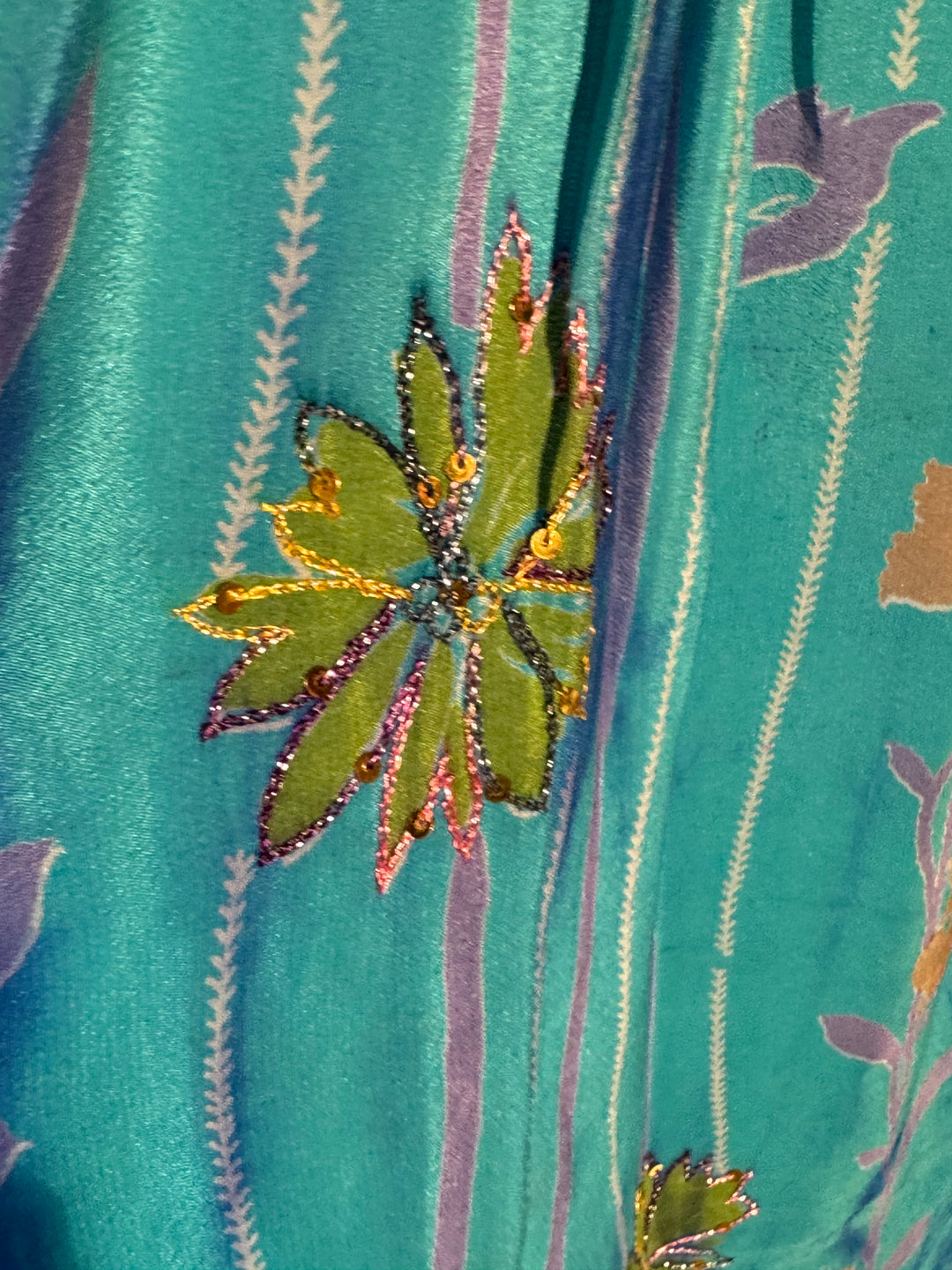 Blue with purple vintage silk with green floral and embroidery 