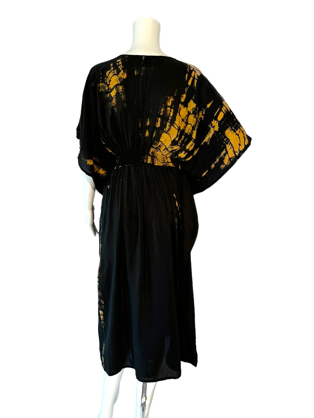 Back view of XS vintage silk kaftan in black and tan dip dye