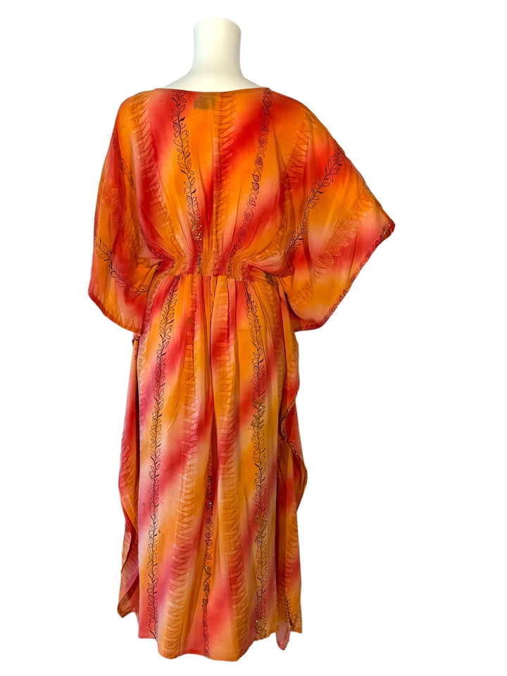 Bad view of peach and red vintage silk kaftan in XS