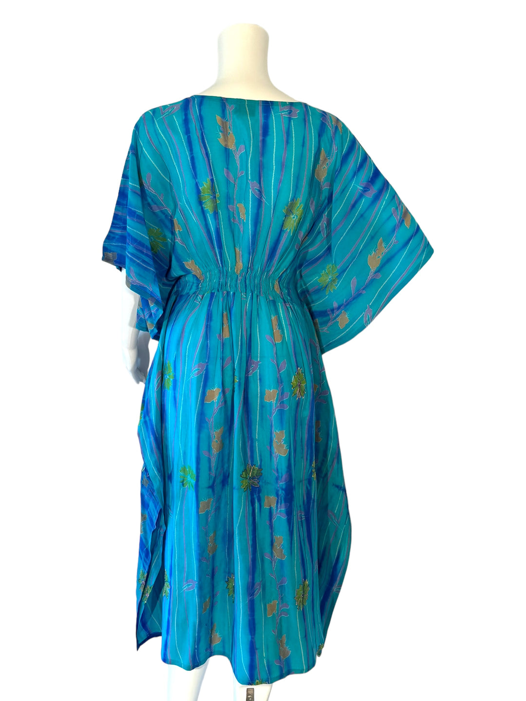 Back view of XS vintage silk kaftan in blue and blue stripe with green and orange