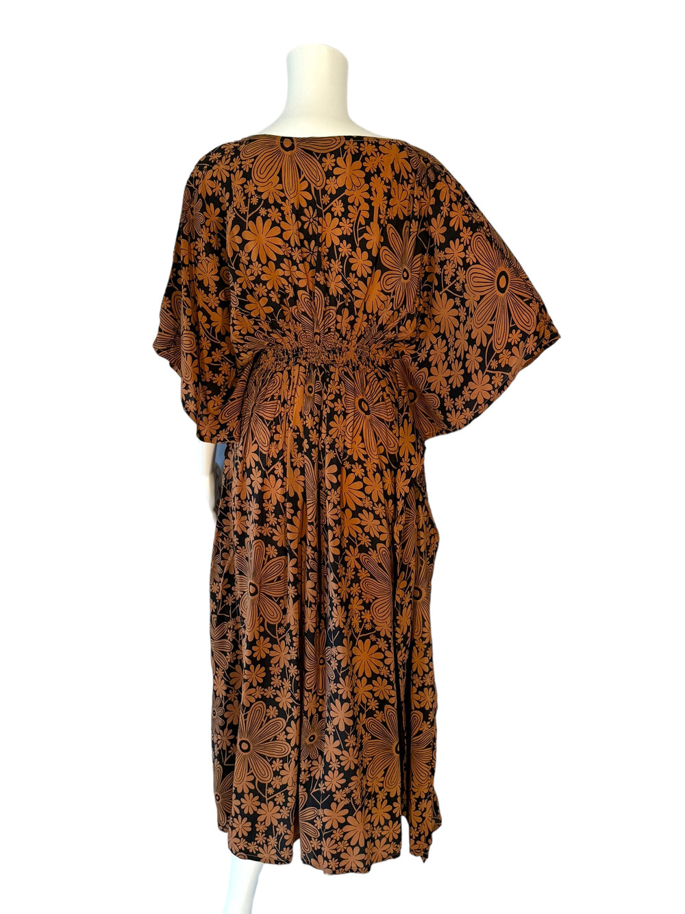 Back view of Coffee and black print vintage silk kaftan in SM all over floral print