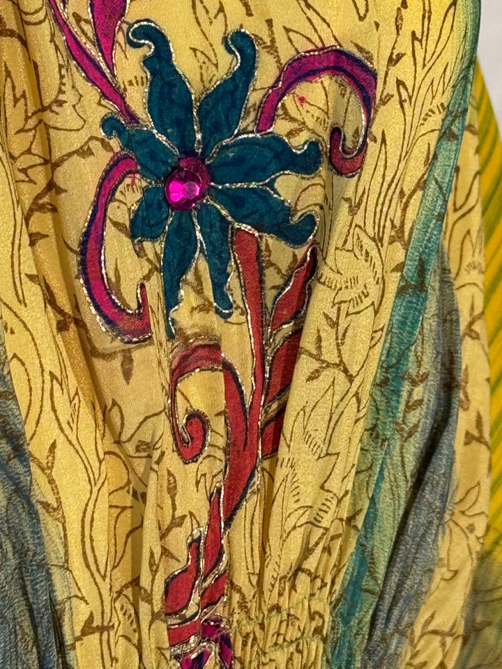 Yellow with green vintage silk with blue and red flowers and metallic embroidery and faux jewels 