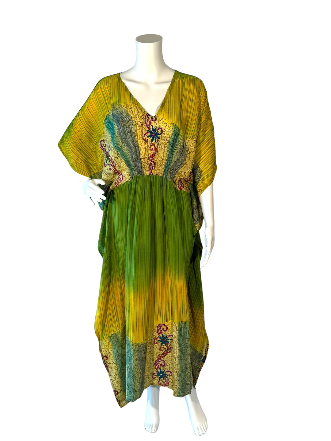 Sustainable green and yellow silk kaftan - bright pops of floral with metallic embroidery and rhinestones. V neck maxi length from vintage saree silk. Cold water washable. Easy to style and light and airy to wear.