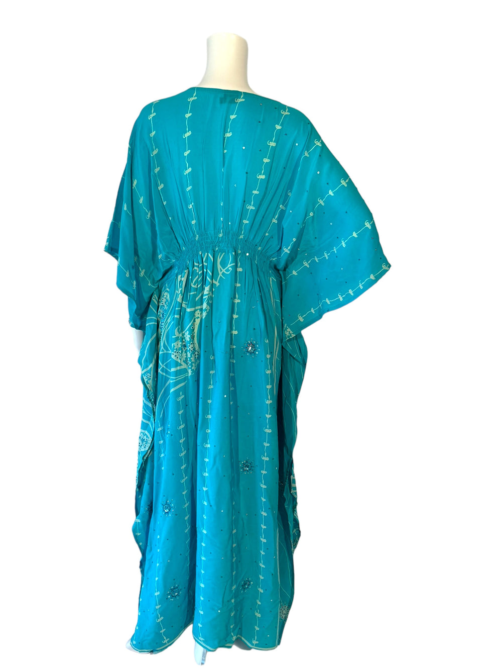 Back view of ML vintage silk kaftan in blue with green vintage silk