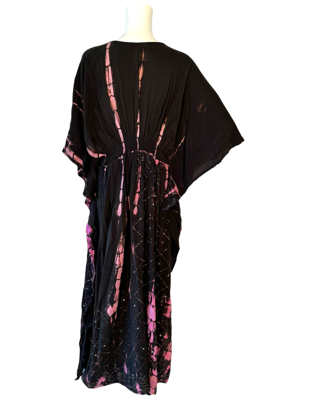 Back view of ML vintage silk kaftan in black with pink dip dye