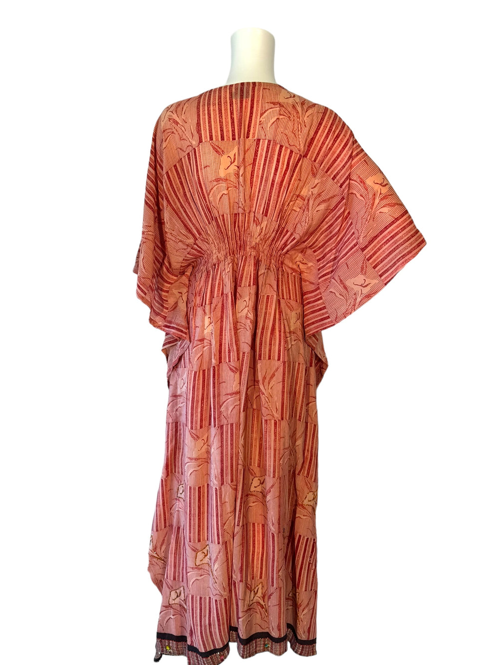 Pink and tan vintage silk ML kaftan in strip and floral pattern