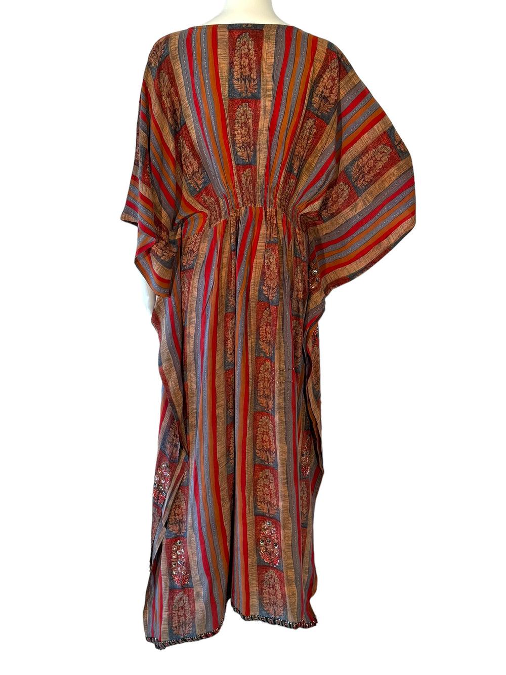 Back view of ML vintage silk kaftan in red tan and blue stripe