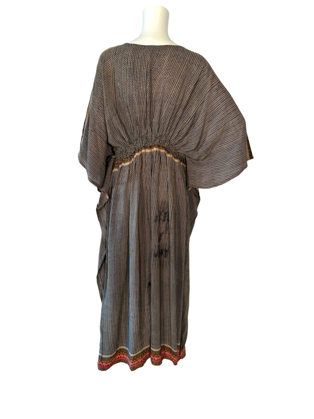 Back view of XXL vintage silk kaftan in tan and dark brown herringbone with red border