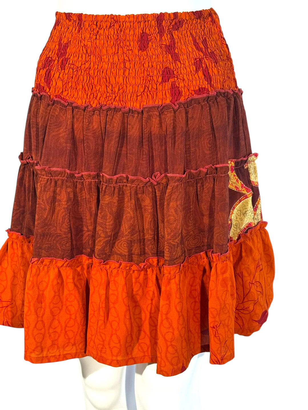 Katie Skirt by Silk Ranch in orange and  print, elastic waist and tiers, Vintage silk and cold water washable