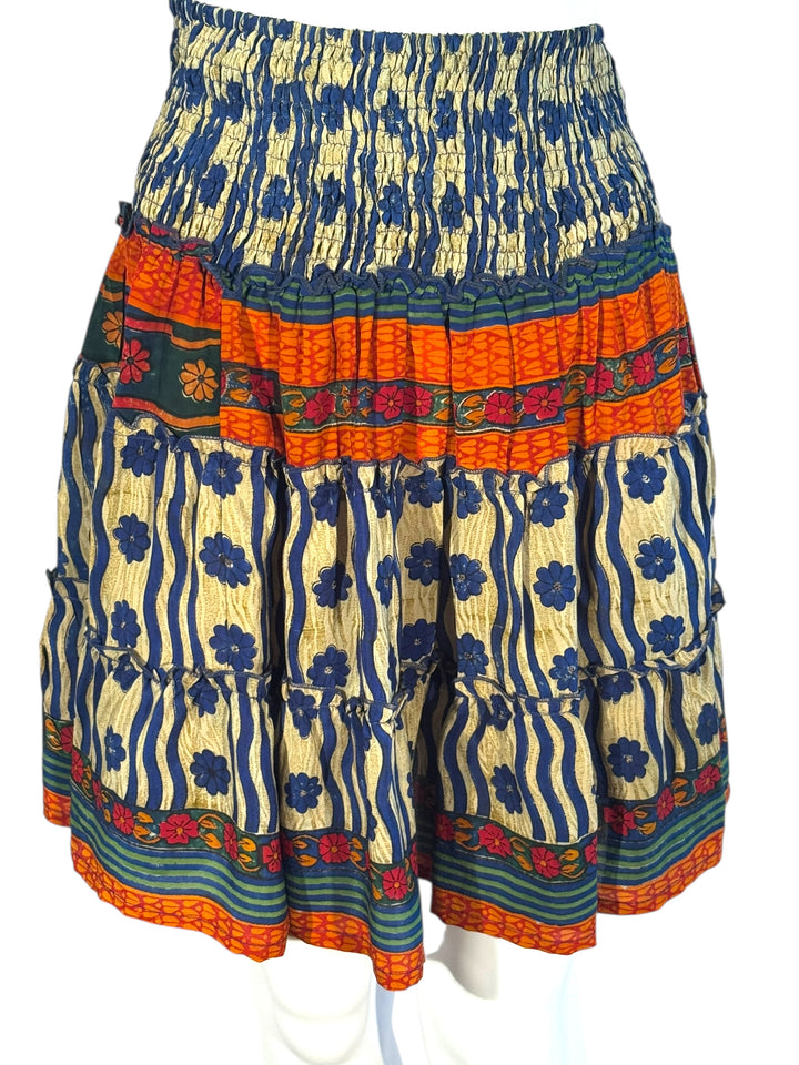 Katie Skirt by Silk Ranch in tan and  blue and orange print, elastic waist and tiers, Vintage silk and cold water washable