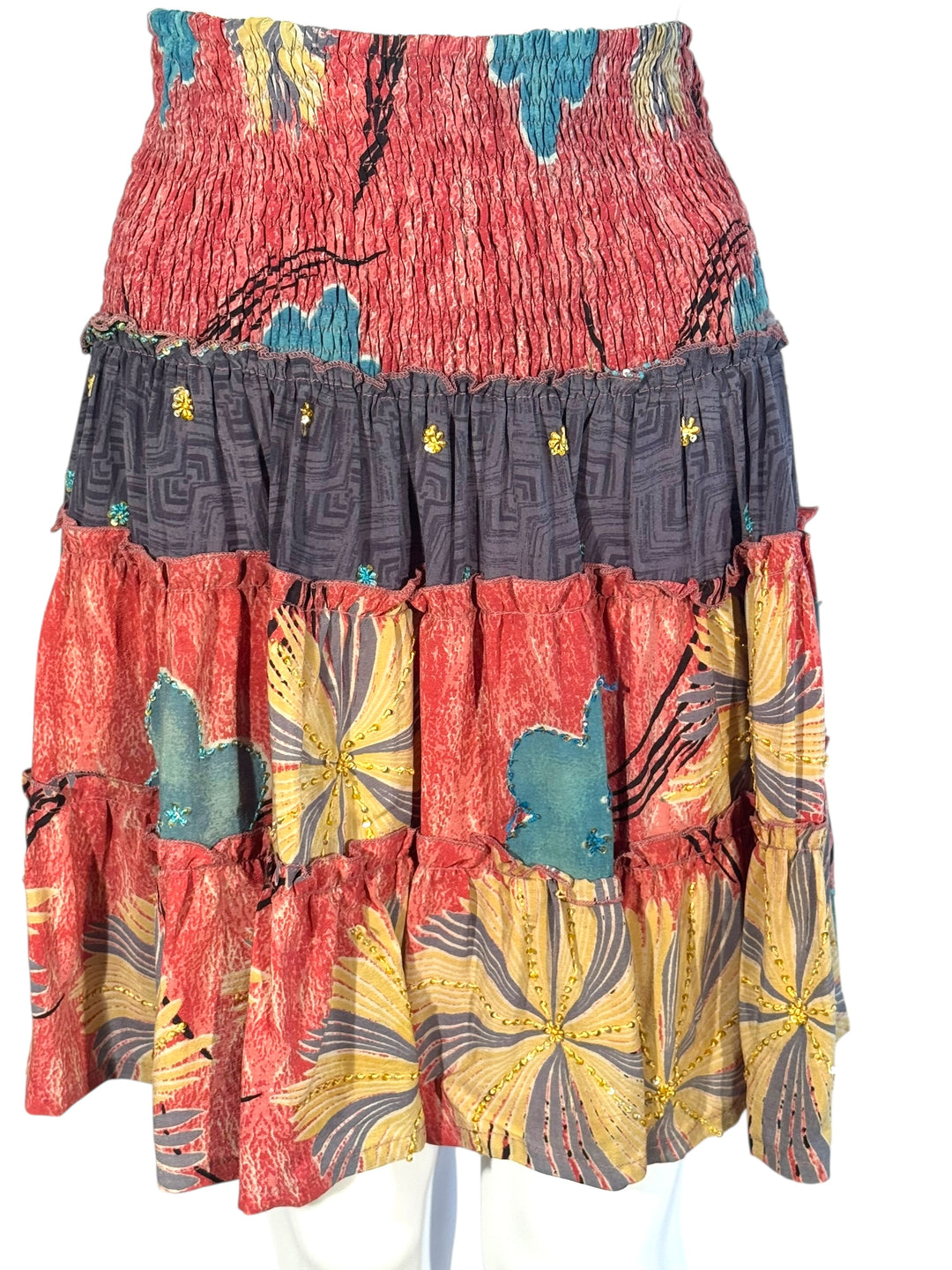 Katie Skirt by Silk Ranch in pink and blue print, elastic waist and tiers, Vintage silk and cold water washable