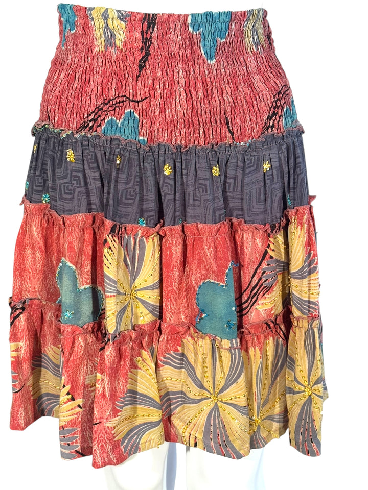 Katie Skirt by Silk Ranch in pink and blue print, elastic waist and tiers, Vintage silk and cold water washable