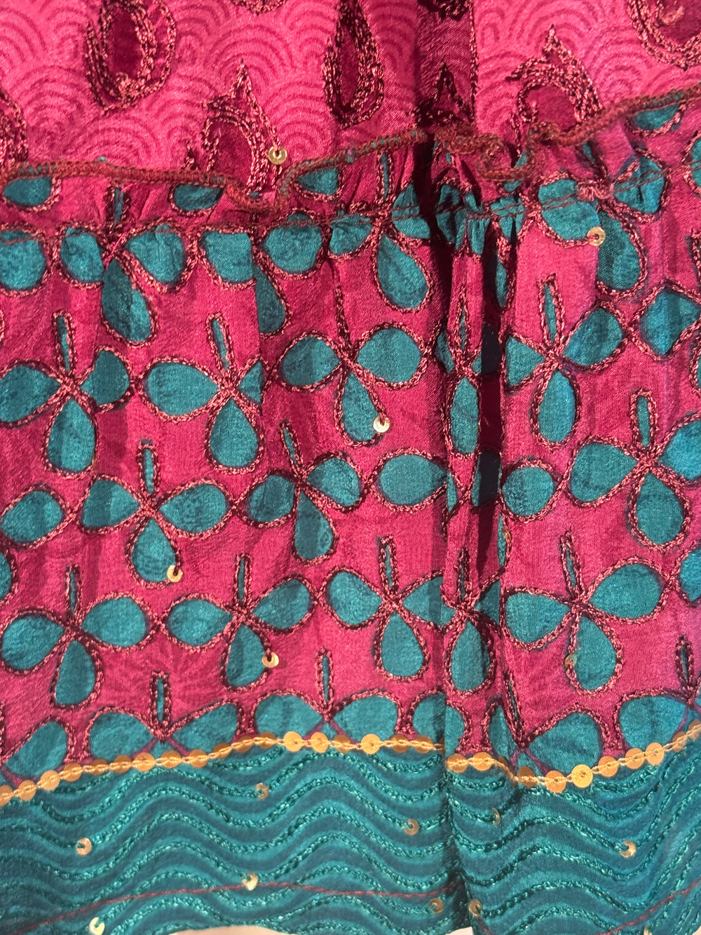 Katie Skirt by Silk Ranch in purple and teal blue print, elastic waist and tiers, Vintage silk and cold water washable