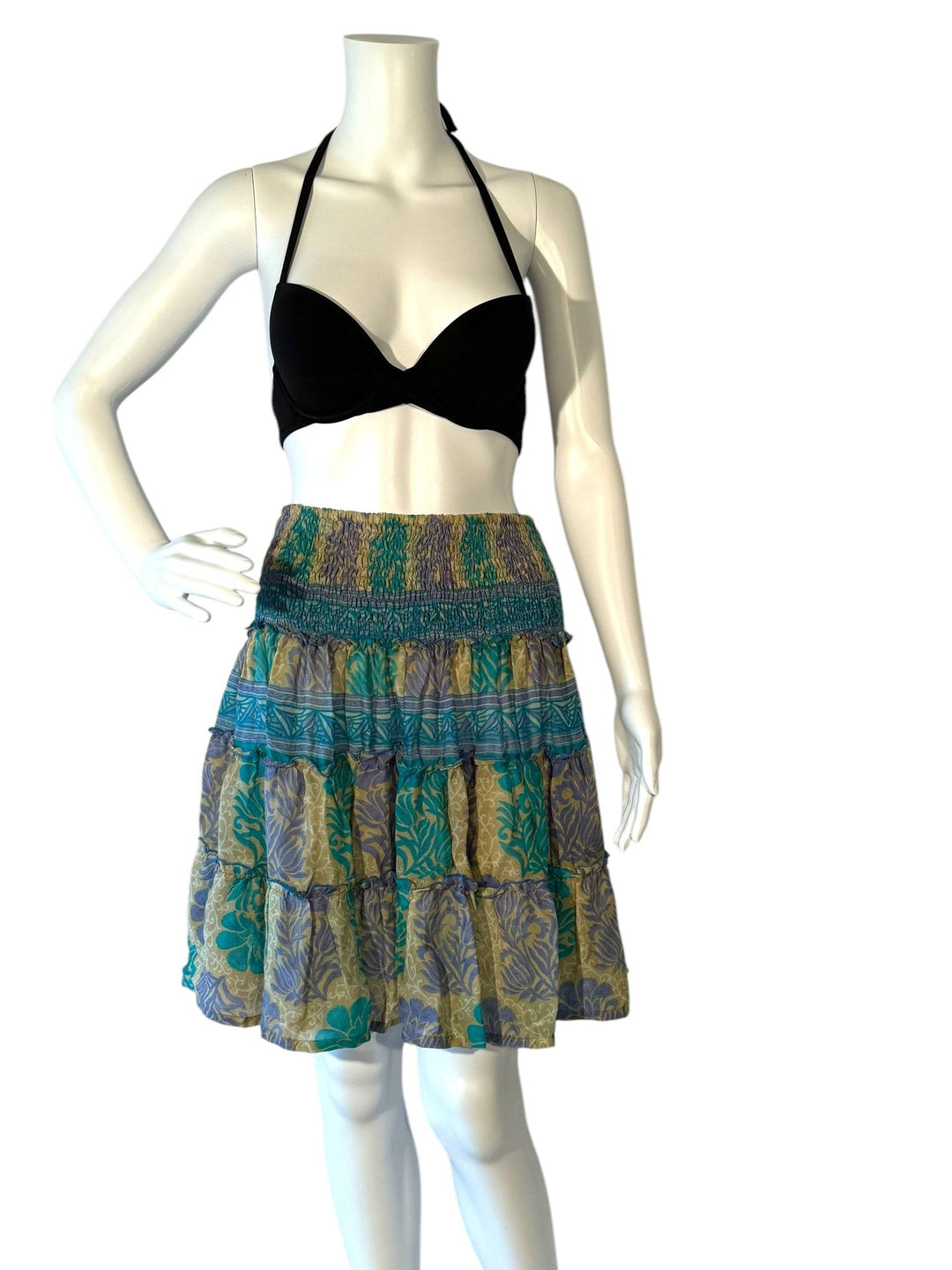 Mannequin wearing gather elastic waist vintage silk tiered skirt in blue purple and gold print