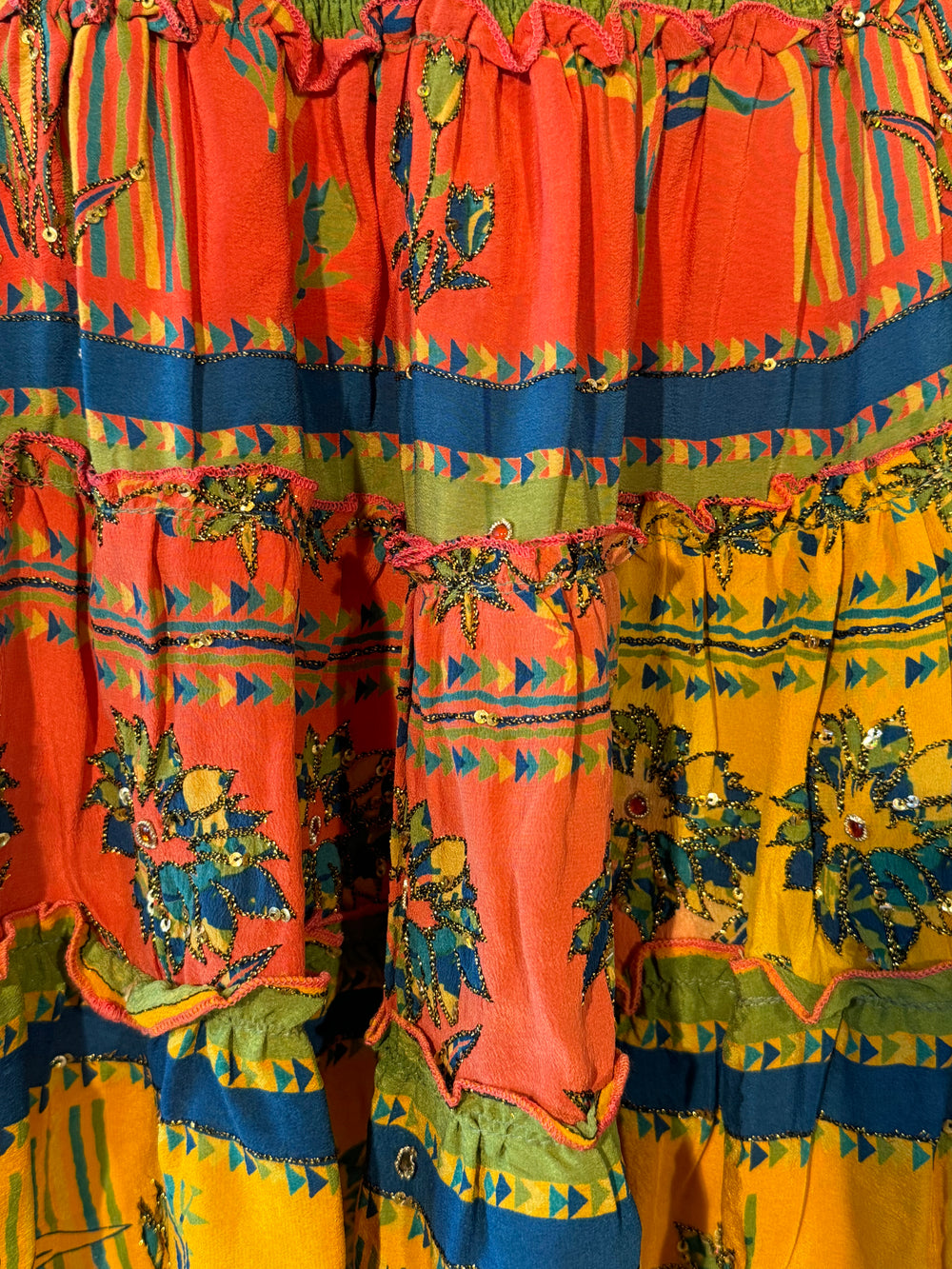 Yellow and red vintage silk with blue and green print and embroidered flowers