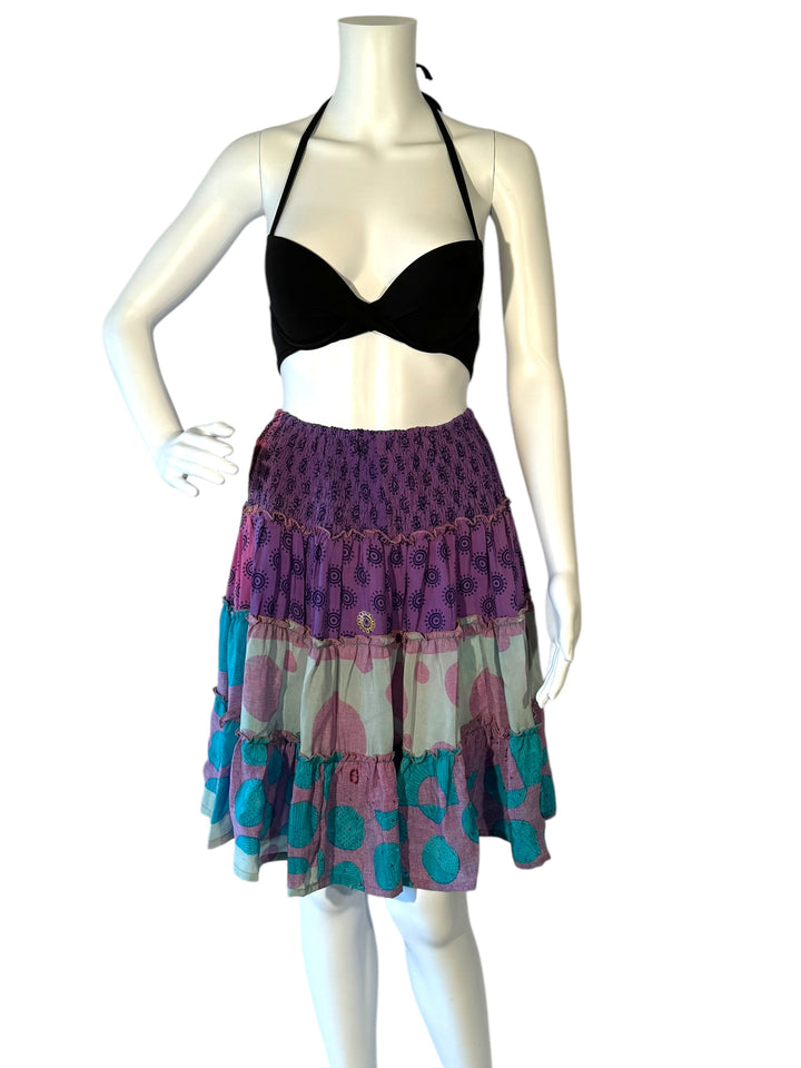 Mannequin wearing gather elastic waist vintage silk tiered skirt in purple with cream and blue bold print