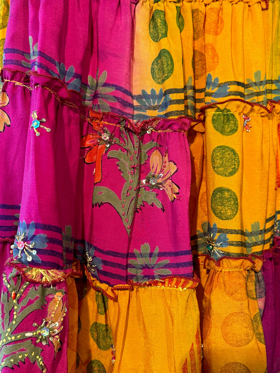 Pink and yellow vintage silk with print and embroidered flowers