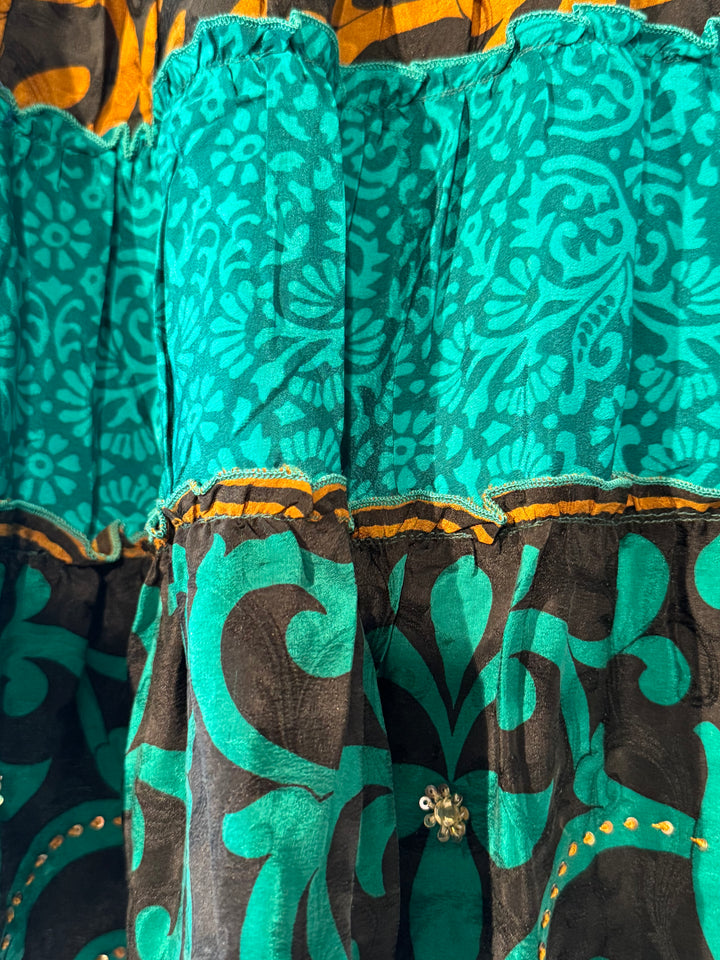 Blue green vintage silk skirt tier in print with dark brown yellow and gold sequins