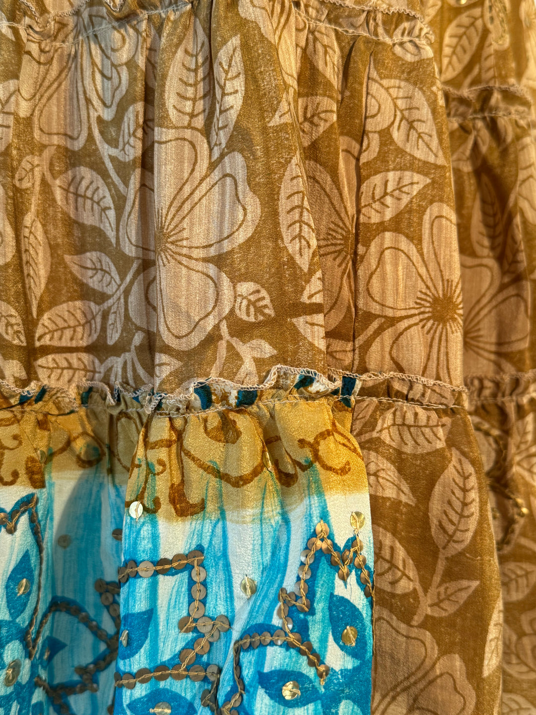 Tan and brown vintage silk skirt tier with blue and gold border