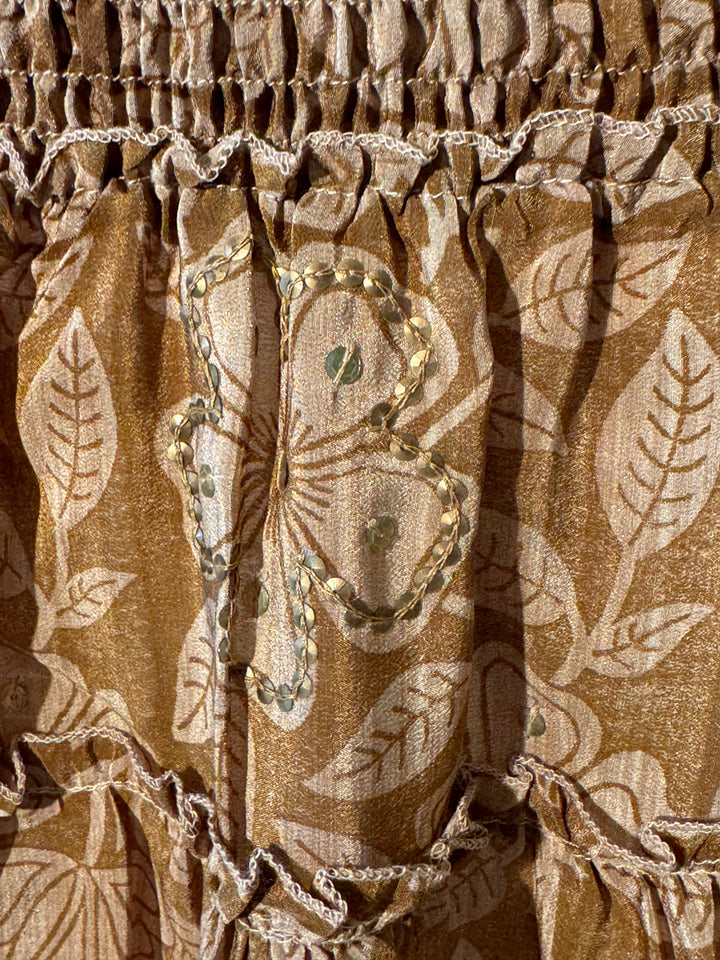 Tan and brown vintage silk print with gold sequins