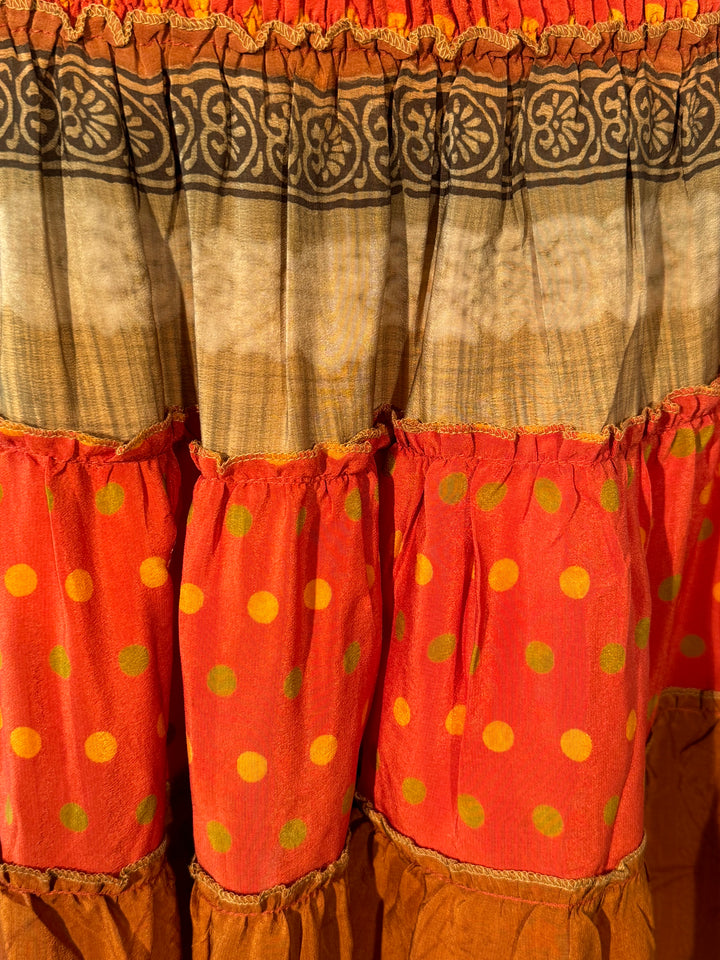 Orange vintage silk skirt tier with tan and brown dots and border prints