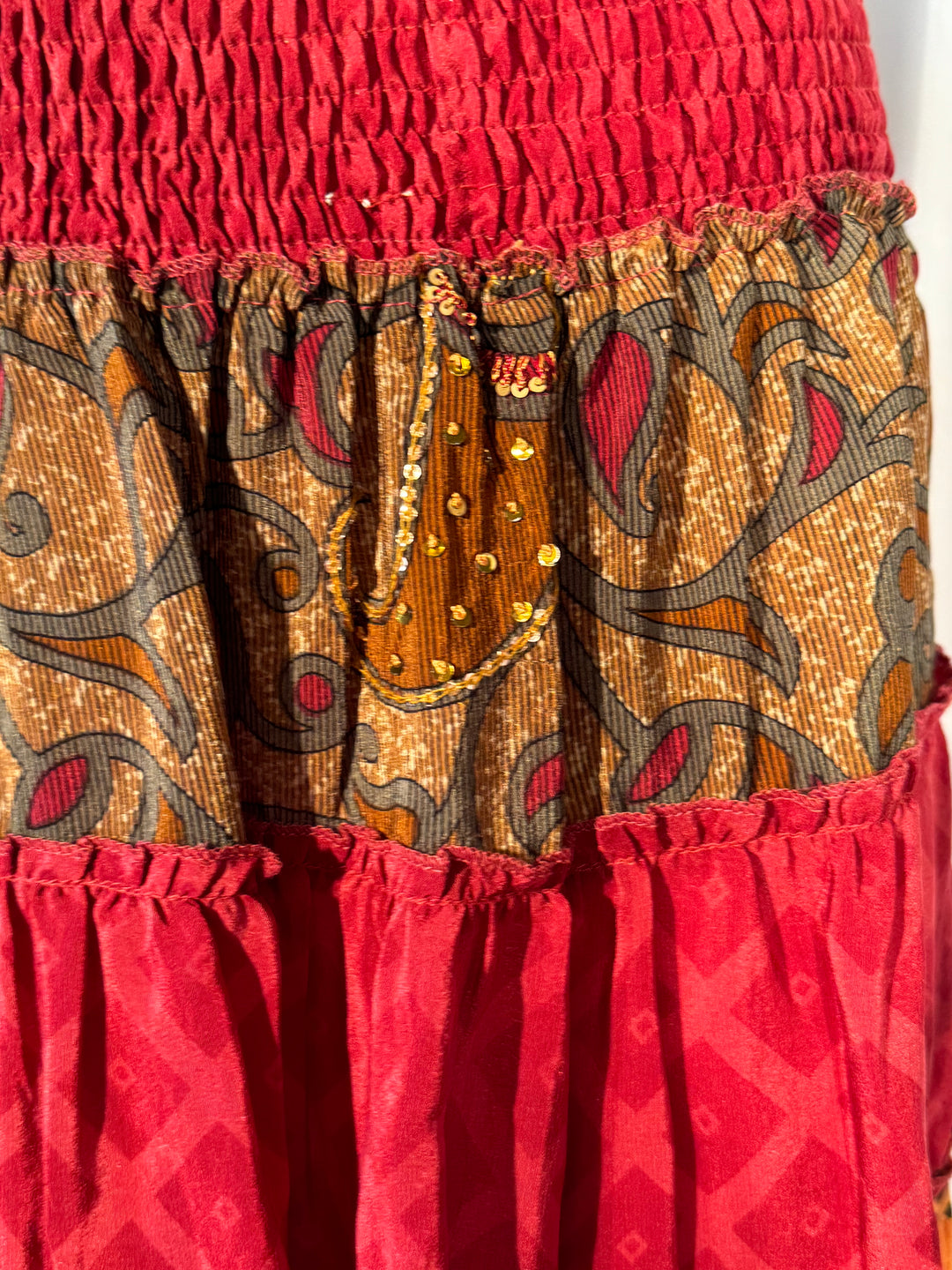 Red vintage silk skirt tier with gold print and gold embroidery 