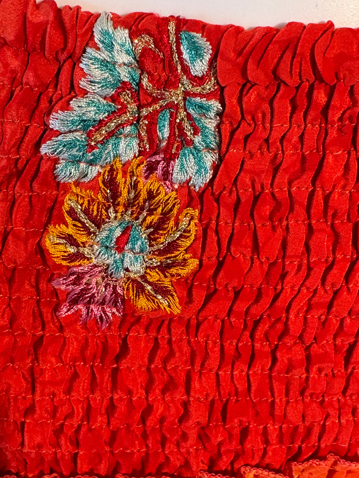 Orange red vintage silk gathered with embroidered flowers