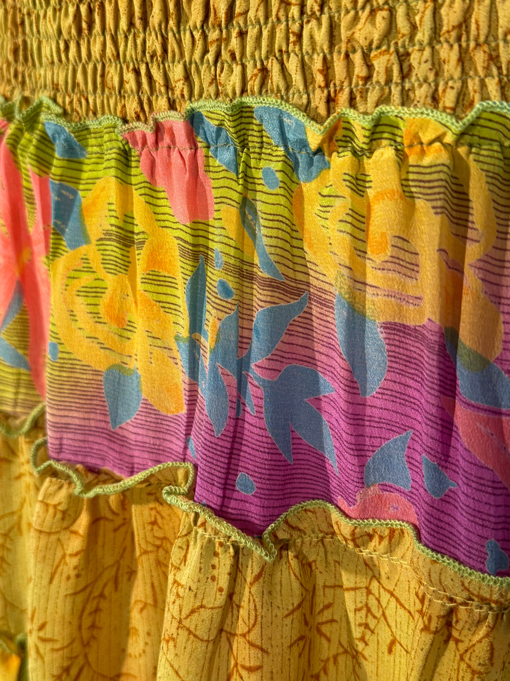 Yellow vintage silk with  bright purple blue and pink floral print