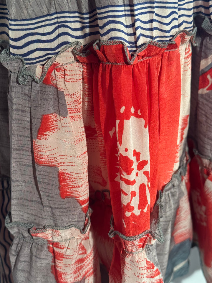 Katie Skirt by Silk Ranch in indigo and Red floral, elastic waist and tiers, Vintage silk and cold water washable