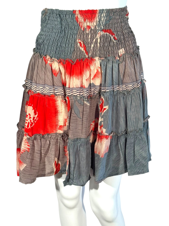 Katie Skirt by Silk Ranch in indigo and Red floral, elastic waist and tiers, Vintage silk and cold water washable