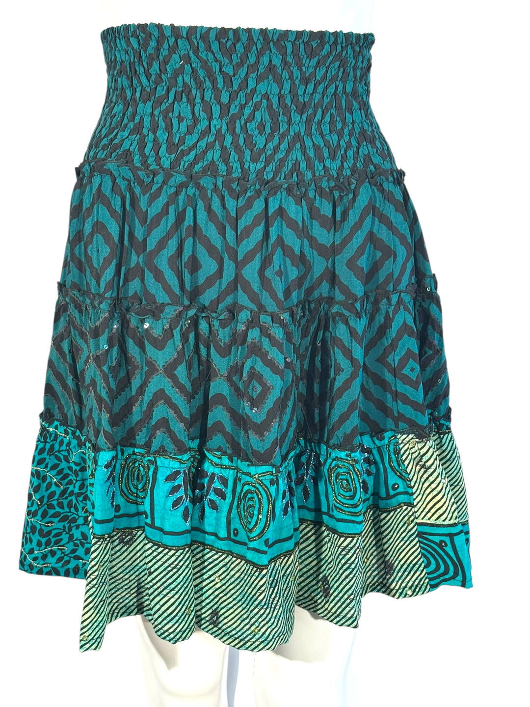 Katie Skirt by Silk Ranch in blue graphic print, elastic waist and tiers, Vintage silk and cold water washable