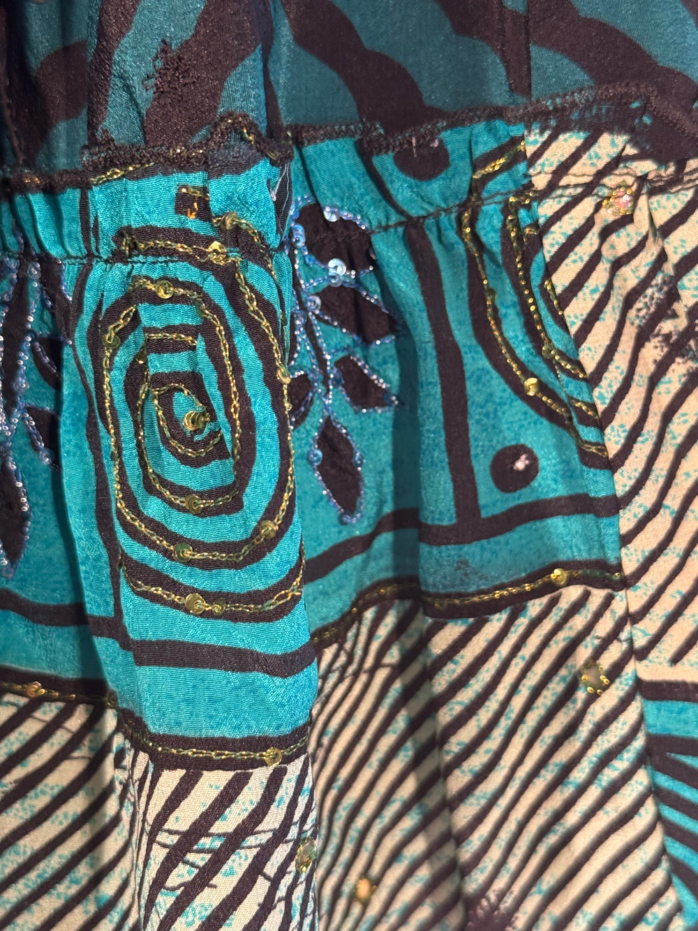 Katie Skirt by Silk Ranch in blue graphic print, elastic waist and tiers, Vintage silk and cold water washable