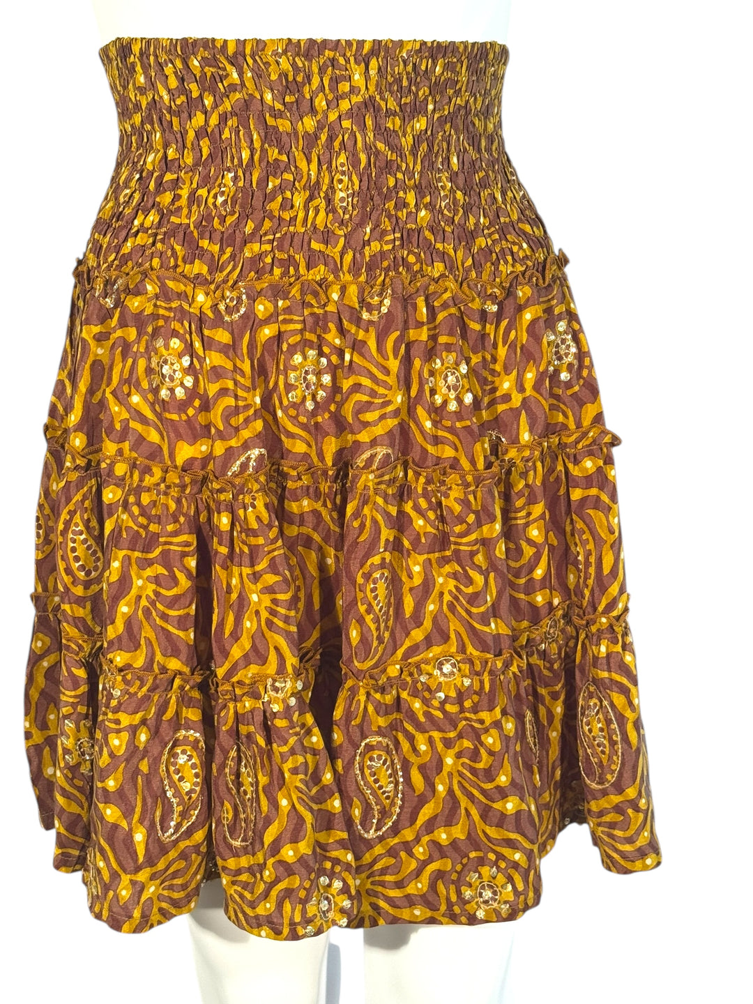 Katie Skirt by Silk Ranch in yellow print with sequin flowers, elastic waist and tiers, Vintage silk and cold water washable