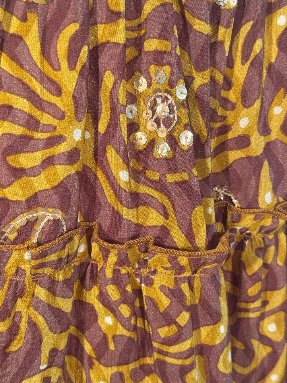 Katie Skirt by Silk Ranch in yellow print with sequin flowers, elastic waist and tiers, Vintage silk and cold water washable