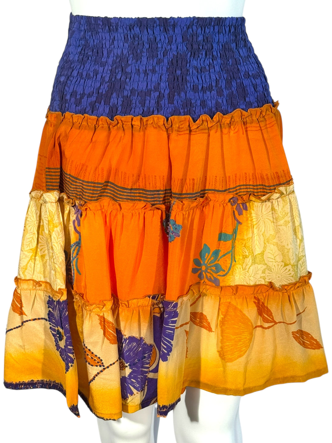 Katie Skirt by Silk Ranch in orange and blue tropical print, elastic waist and tiers, Vintage silk and cold water washable