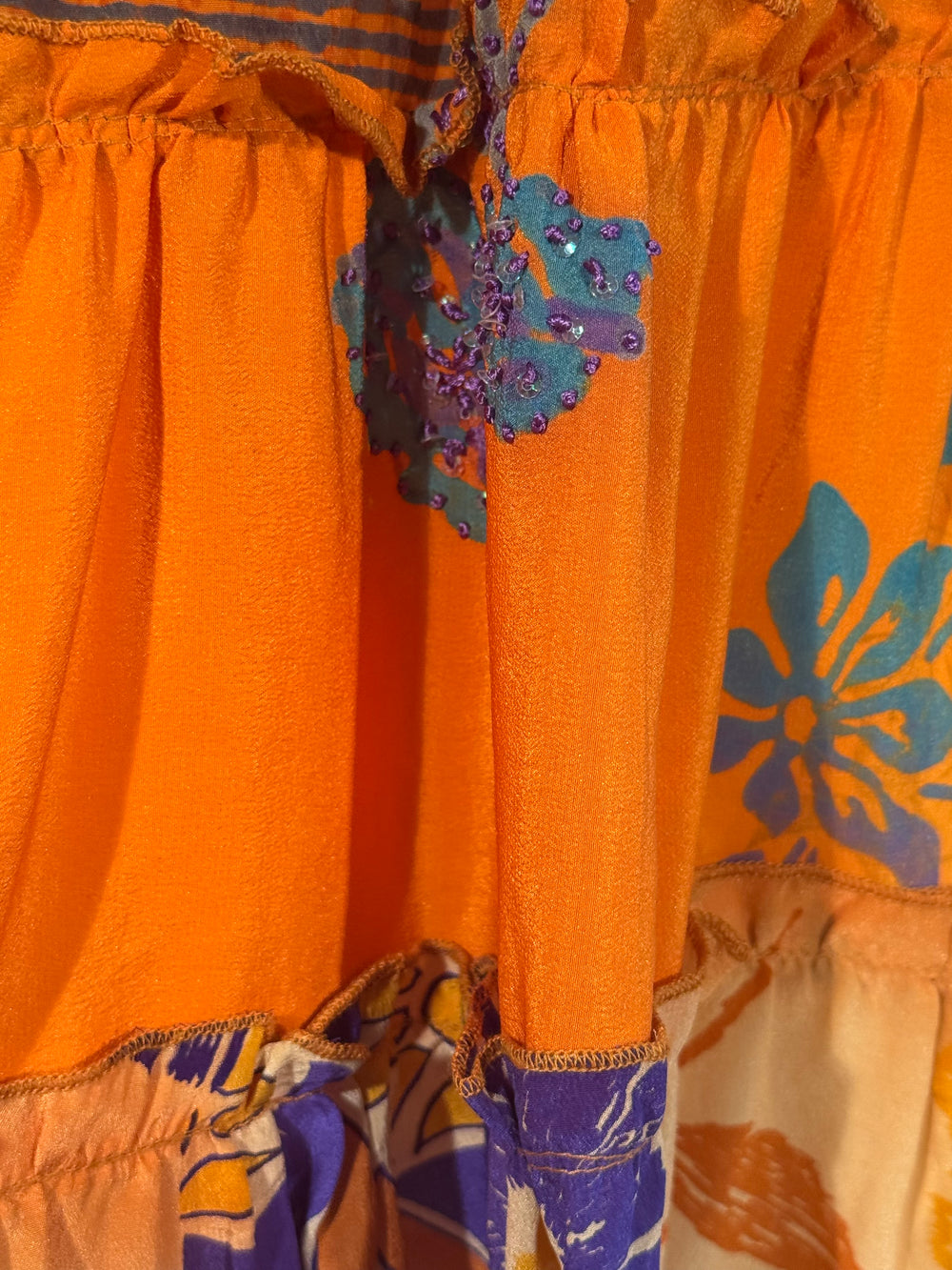 Katie Skirt by Silk Ranch in orange and blue tropical print, elastic waist and tiers, Vintage silk and cold water washable