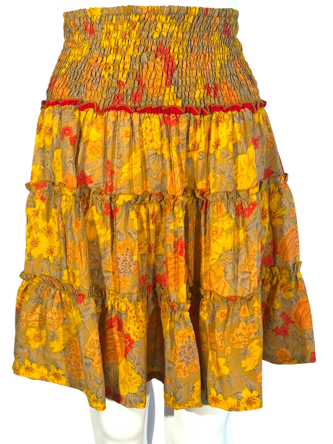 Katie Skirt by Silk Ranch in yellow and red-orange floral print, elastic waist and tiers, Vintage silk and cold water washable