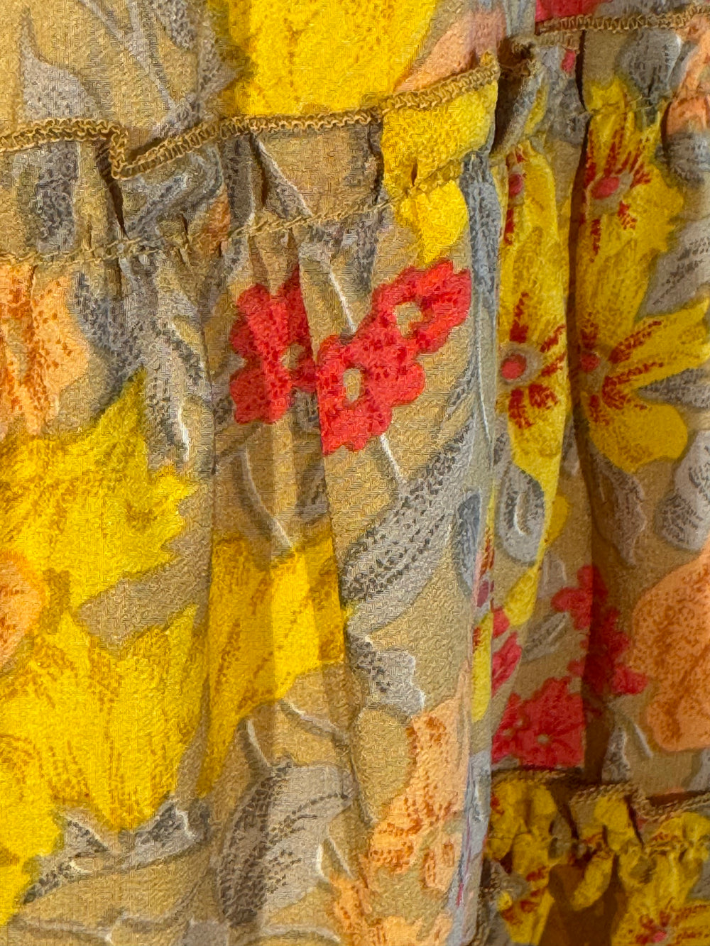 Katie Skirt by Silk Ranch in yellow and red-orange floral print, elastic waist and tiers, Vintage silk and cold water washable
